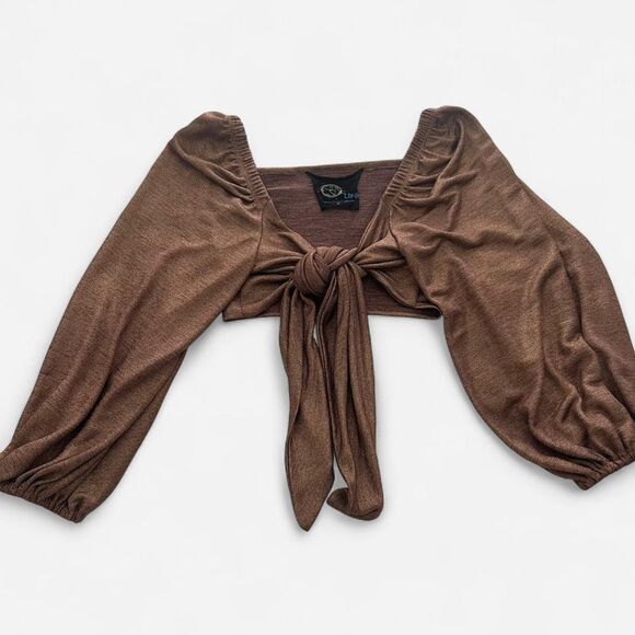 Blue Life x Revolve Bronze Metallic Fairycore Peasant Tie-Front Top – Boho M - Picture 3 of 5